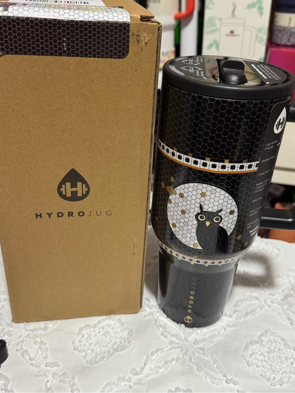 HydroJug Black Tumbler with Gold & White Owl Design